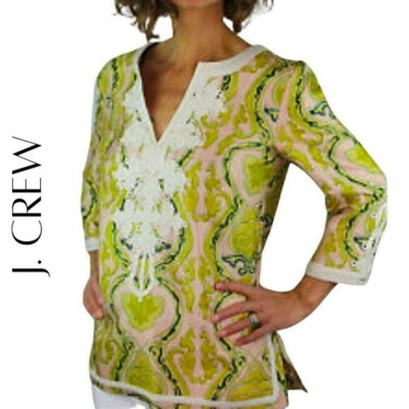 J. Crew Tops - J. Crew 100% Silk Fresco Embroidered Green & Pink Paisley Blouse, size S